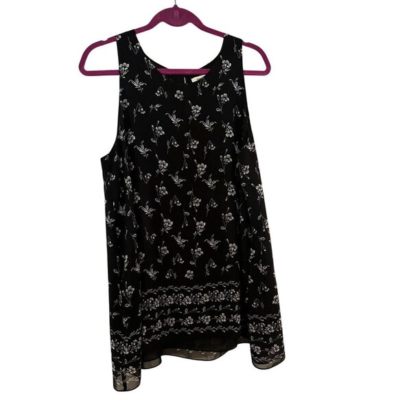Max Studio Womens Top Tunic Sheer Tank Blouse Size XL Black Grey Floral Print - Picture 1 of 3